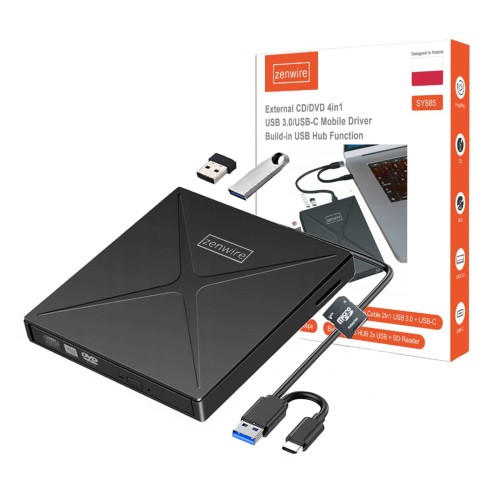 Przenośny zewnętrzny napęd DVD-CD RW HUB USB-C USB 3.0 Zenwire 4w1 Czytnik kart SD Zenwire SY885 - zdjęcie 1