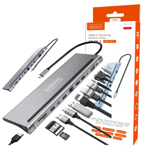STACJA DOKUJĄCA HUB ADAPTER USB-C 12w1 Stacja Dokująca 2x HDMI 4K ETHERNET RJ45 USB 3.0 SD M1 M2 M3 BYL-2211 - zdjęcie 6