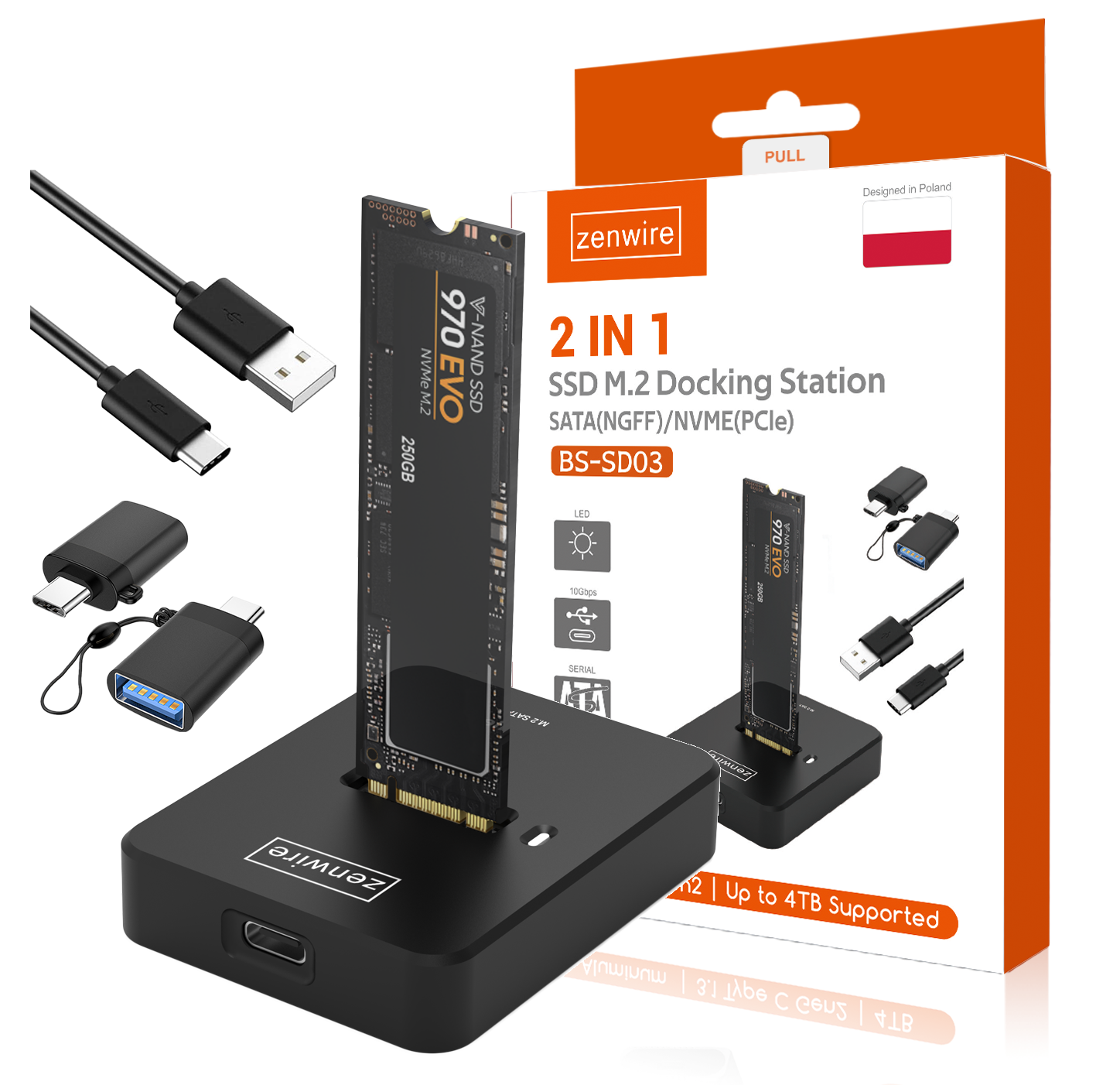Adapter SSD M2 NVME PCie/SATA NGFF kieszeń na dysk obudowa M.2 USB-C 10 GB/s Zenwire SD-03 - zdjęcie 1