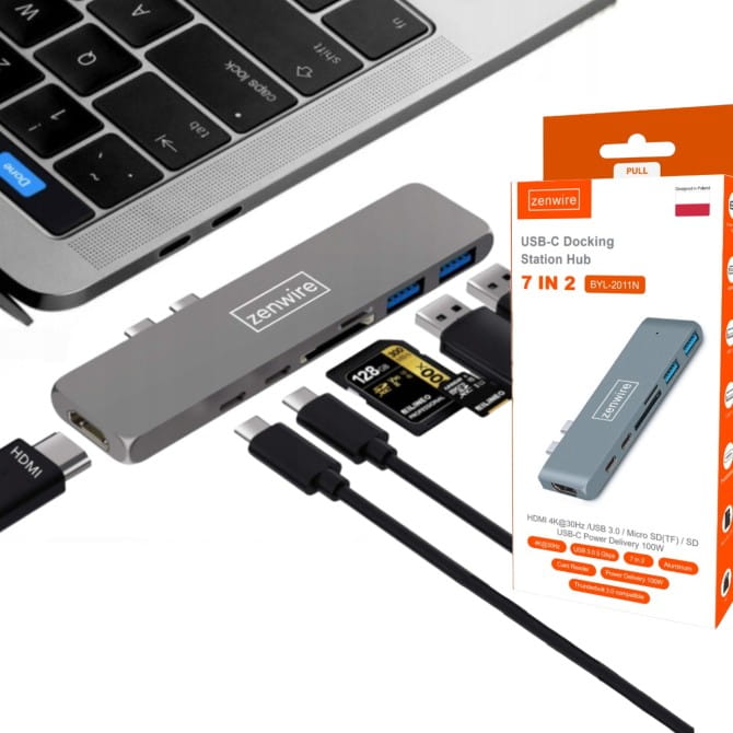 Adapter 7w1 HUB USB-C HDMI 4K SD Thunderbolt 3.0 USB 3.0 do Macbook Pro Air M1 M2 M3 Zenwire BYL-2011N - zdjęcie 1